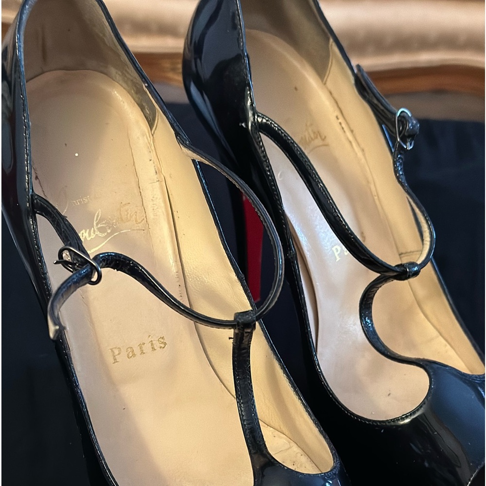 Authentic Christian Louboutin t strap black patent leather peep toes shoes